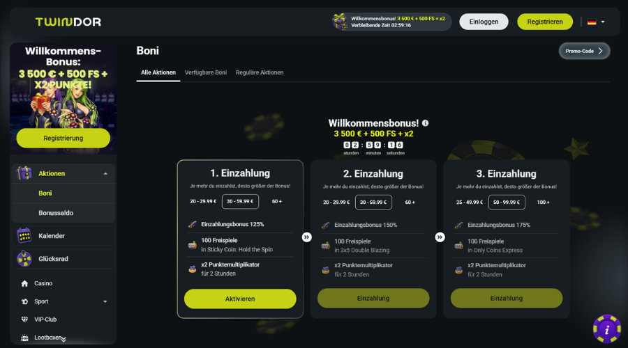 Twindor Casino Willkommensbonus 525% – Kassenansicht